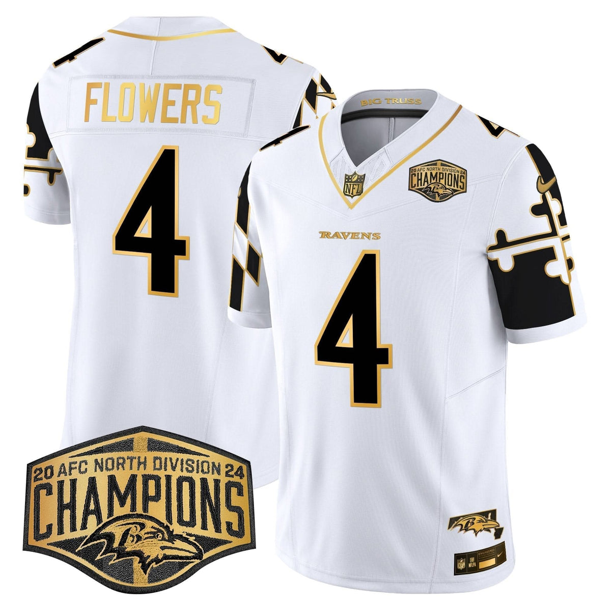 BAL Maryland Flag Map 2024 AFC North Division Champions Patch Gold Vapor Limited Jersey