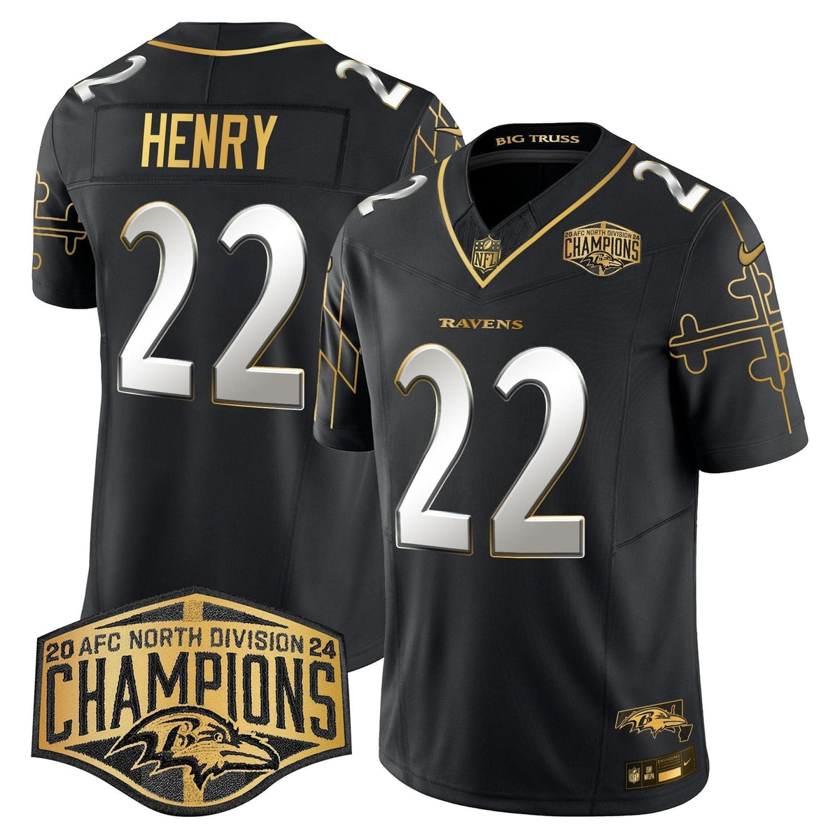 BAL Maryland Flag Map 2024 AFC North Division Champions Patch Gold Vapor Limited Jersey