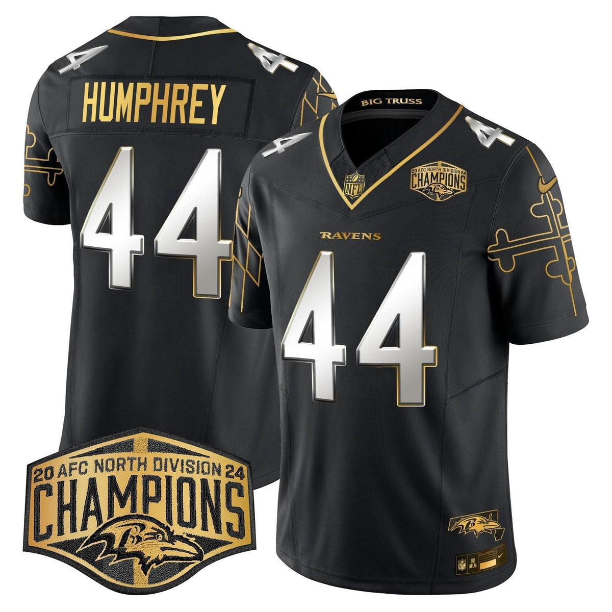 BAL Maryland Flag Map 2024 AFC North Division Champions Patch Gold Vapor Limited Jersey