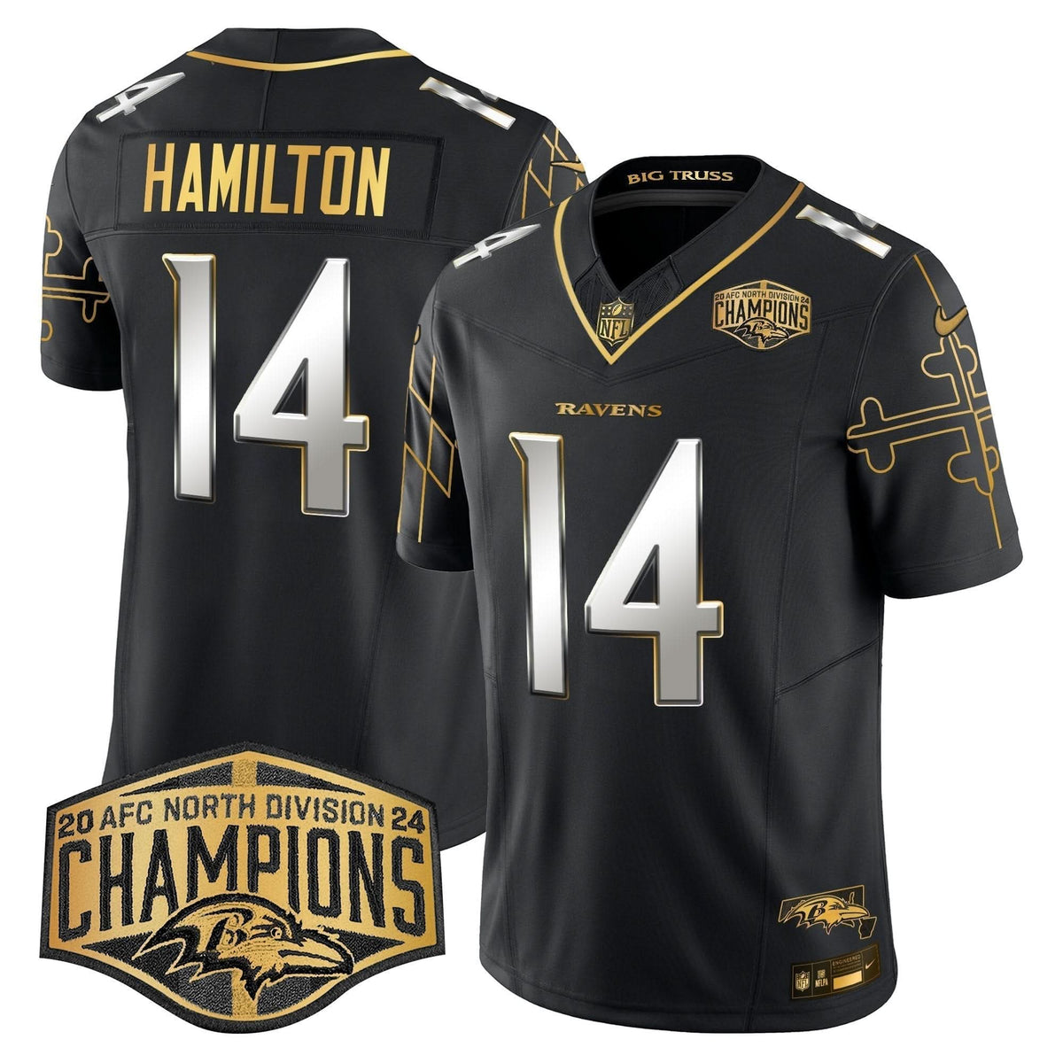 BAL Maryland Flag Map 2024 AFC North Division Champions Patch Gold Vapor Limited Jersey
