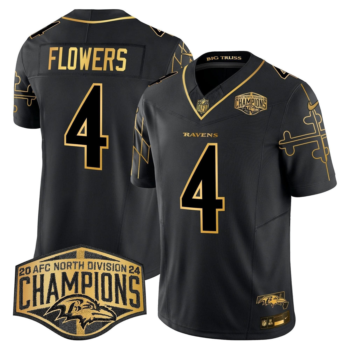 BAL Maryland Flag Map 2024 AFC North Division Champions Patch Gold Vapor Limited Jersey