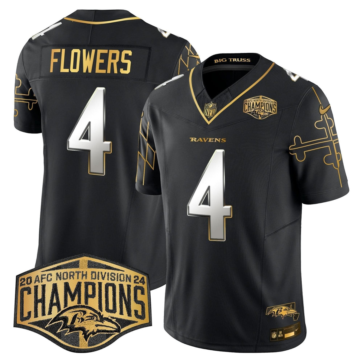 BAL Maryland Flag Map 2024 AFC North Division Champions Patch Gold Vapor Limited Jersey