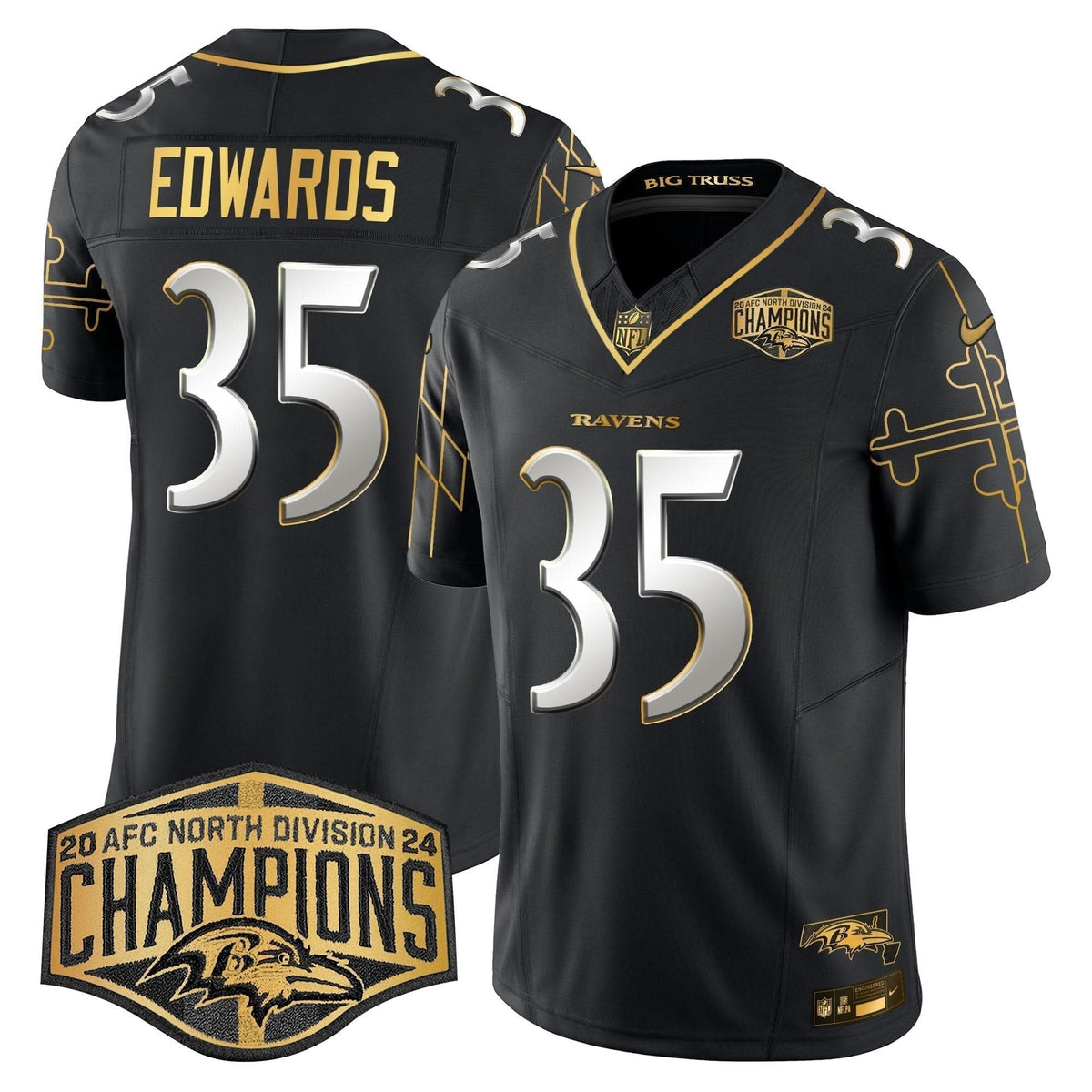 BAL Maryland Flag Map 2024 AFC North Division Champions Patch Gold Vapor Limited Jersey
