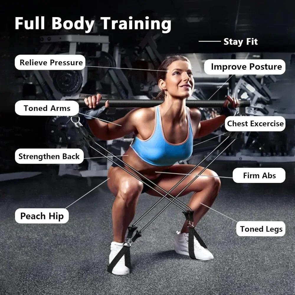 Portable Yoga Pilates Bar Stick with Resistance Band Home Gym Muscle Toning Bar Fitness Stretching Sports Body Workout Exercise