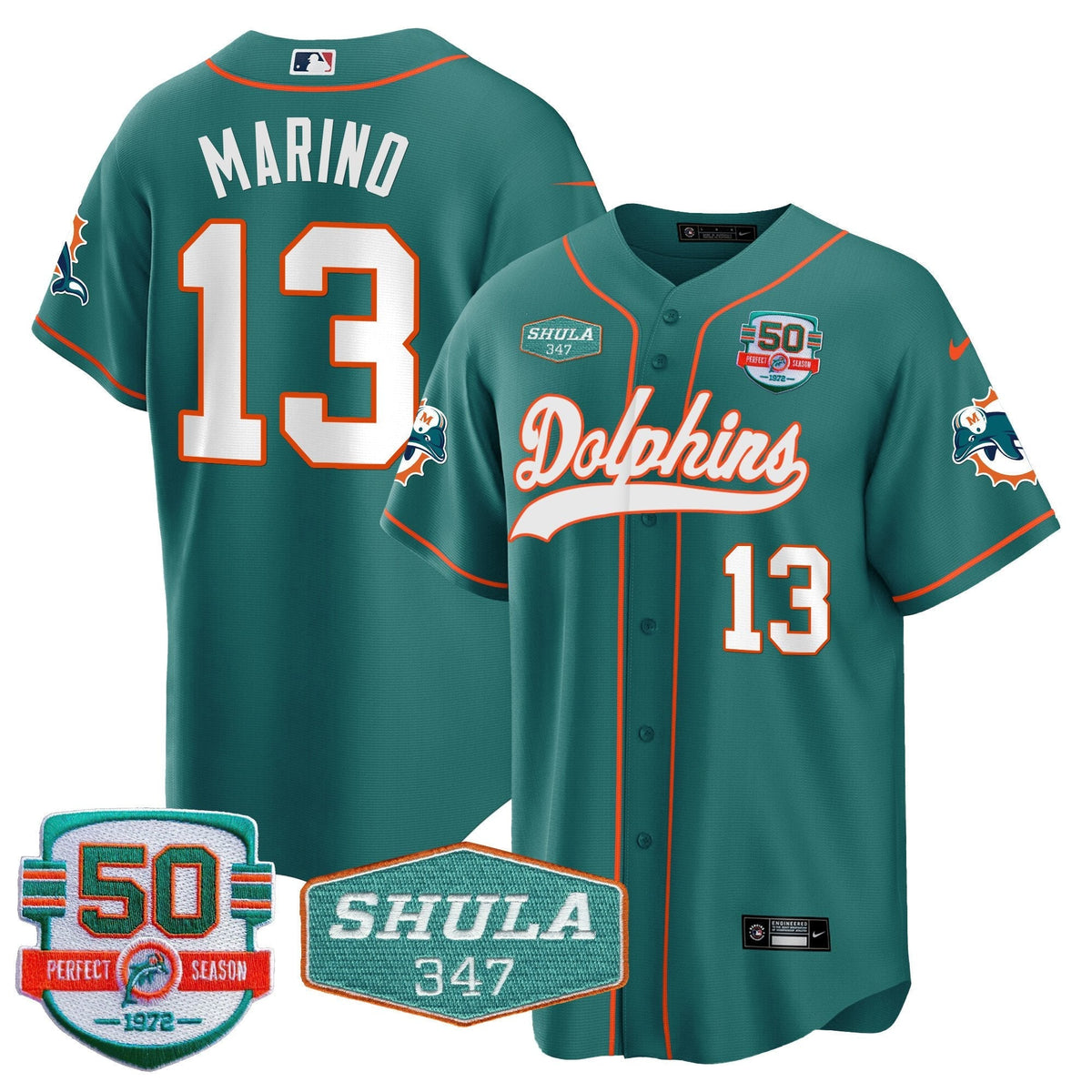 MIA 50th & Don Shula 347 Memorial Patch Baseball Jersey - All Stitched