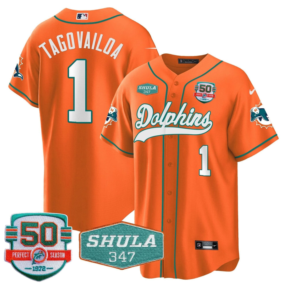 MIA 50th & Don Shula 347 Memorial Patch Baseball Jersey - All Stitched