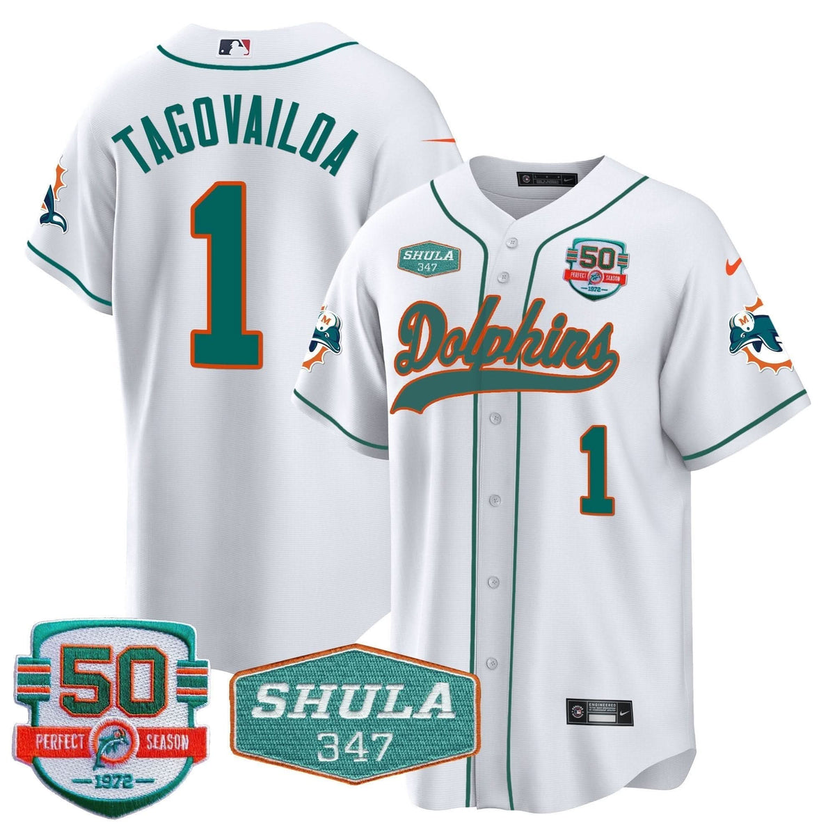 MIA 50th & Don Shula 347 Memorial Patch Baseball Jersey - All Stitched
