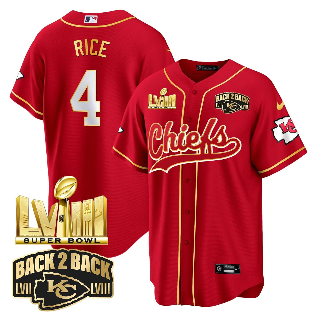 KC Super Bowl LVIII & Back 2 Back Gold Patch Baseball Jersey - All Stitched