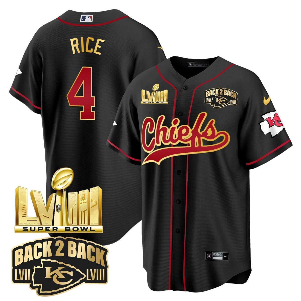 KC Super Bowl LVIII & Back 2 Back Gold Patch Baseball Jersey - All Stitched