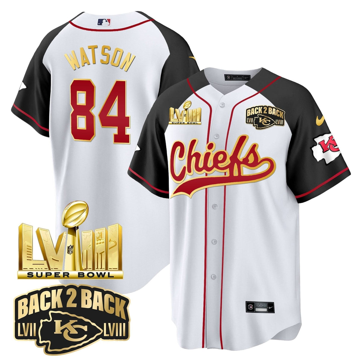 KC Super Bowl LVIII & Back 2 Back Gold Patch Baseball Jersey - All Stitched