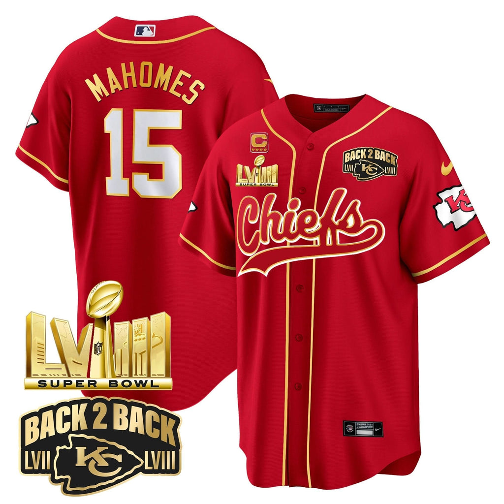 KC Super Bowl LVIII & Back 2 Back Gold Patch Baseball Jersey - All Stitched