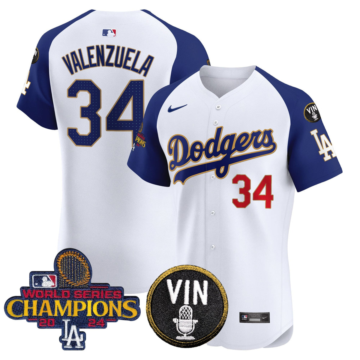 Men's Dodgers 2024 World Series Champions Gold Trim Vapor Premier Elite Jersey - All Stitched
