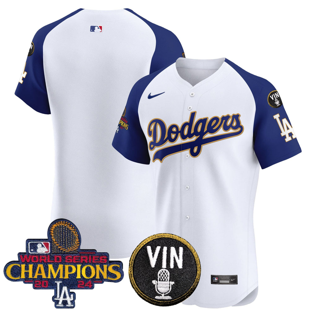 Men's Dodgers 2024 World Series Champions Gold Trim Vapor Premier Elite Jersey - All Stitched